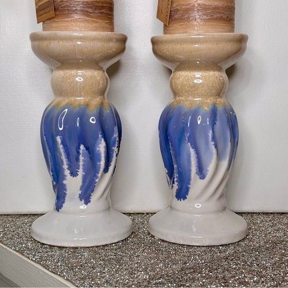 Blue Glaze Ceramic Pillar Candle Holder Set - Picture 3 of 5
